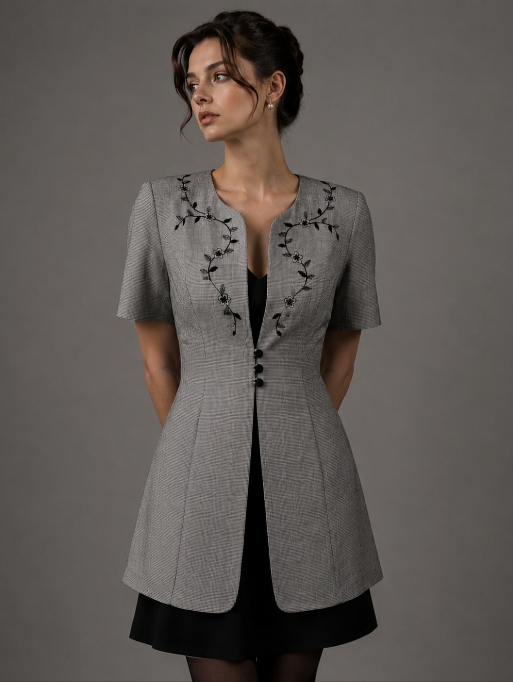 Vintage Houndstooth Sheath Dress 12P Embroidered Floral Office Career 90s Petite